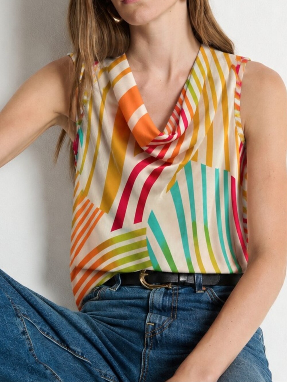 Spense Colorful Stripe Cowl Neck Sleeveless Blouse Size M